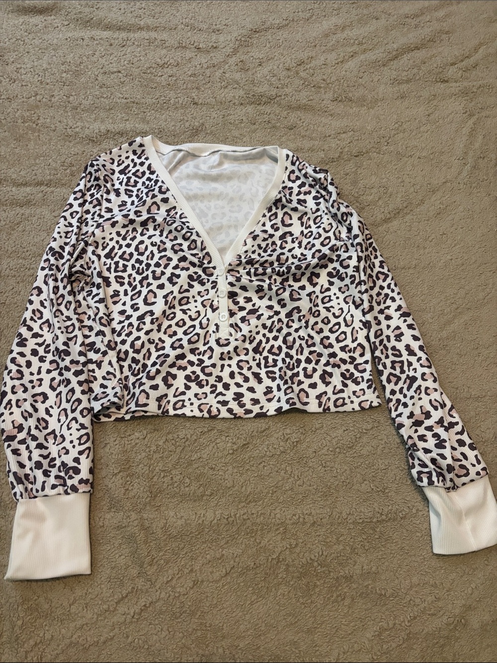 SHEIN Cream and Brown Leopard Print Long Sleeve Crop Top